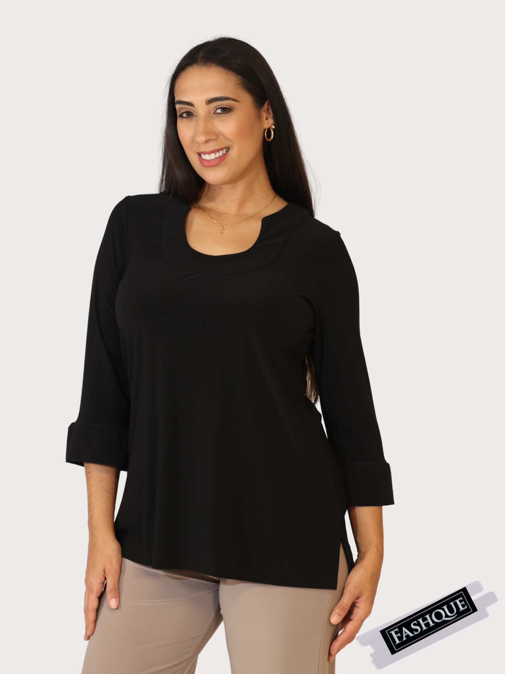 FASHQUE - HORSE SHOE NECK 3/4 SLEEVES TUNIC TOP - T421