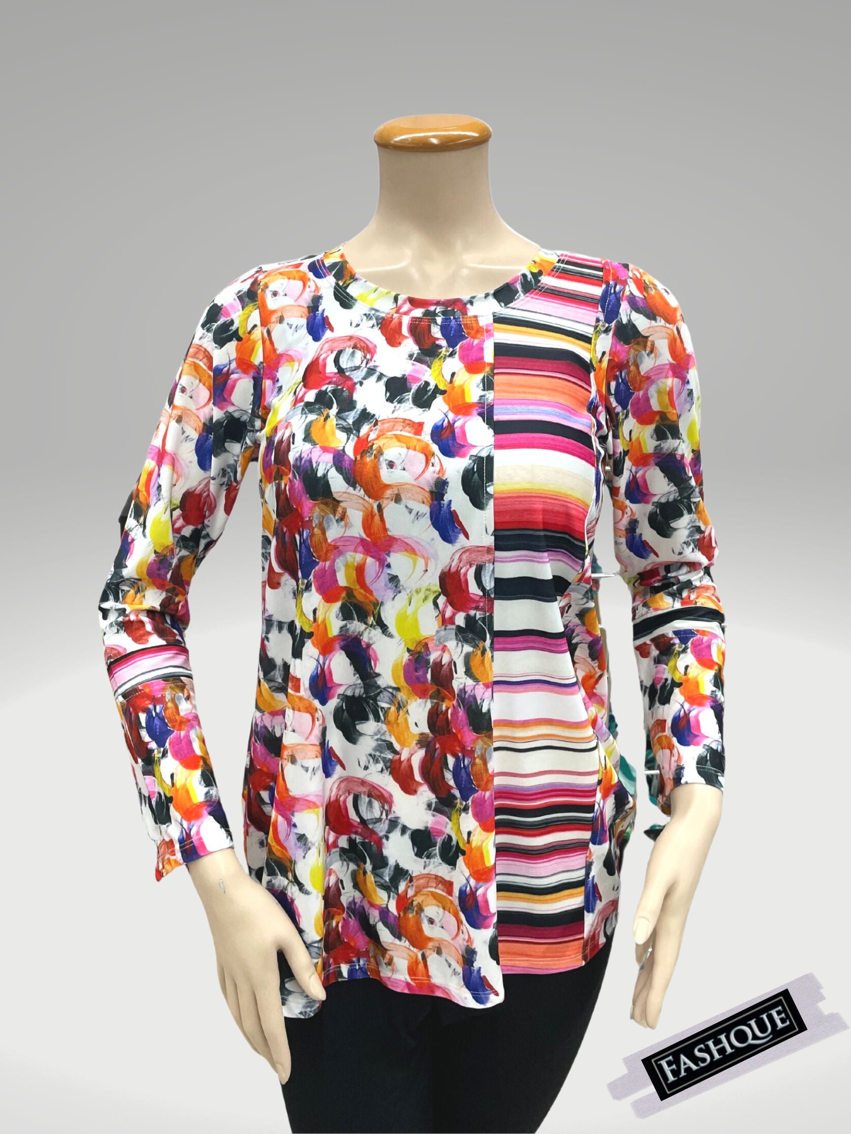 FASHQUE - Scoop Neck Long Sleeve Color Print Block Tunic - T506