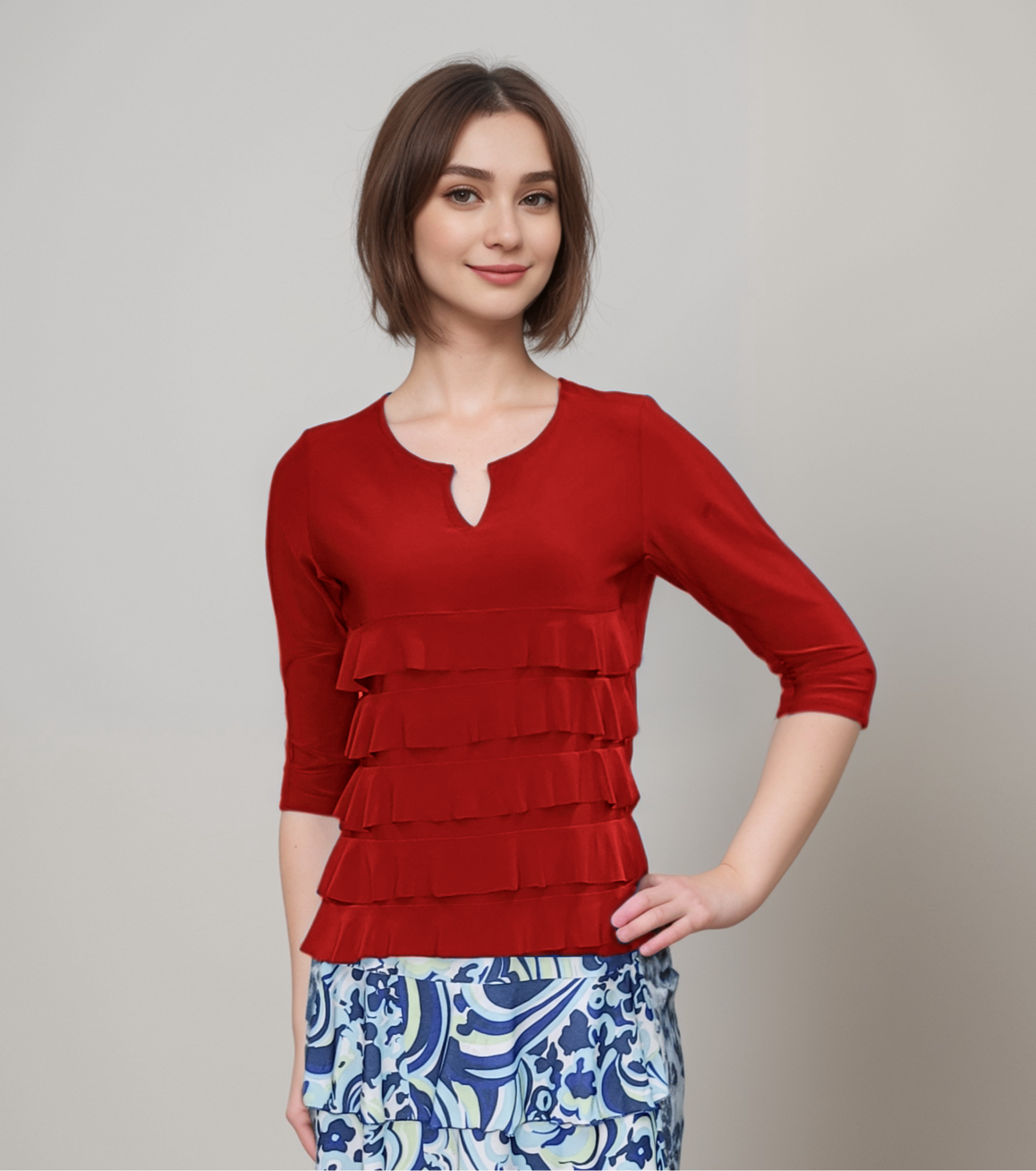 Cut-out V neck 3/4 sleeves Ruffle top T709