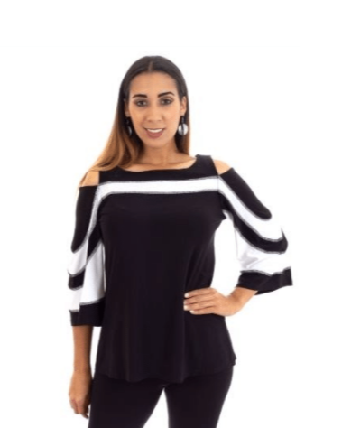 FASHQUE - Cold Shoulder Color Block 3/4 Sleeves Top - T504 SALE