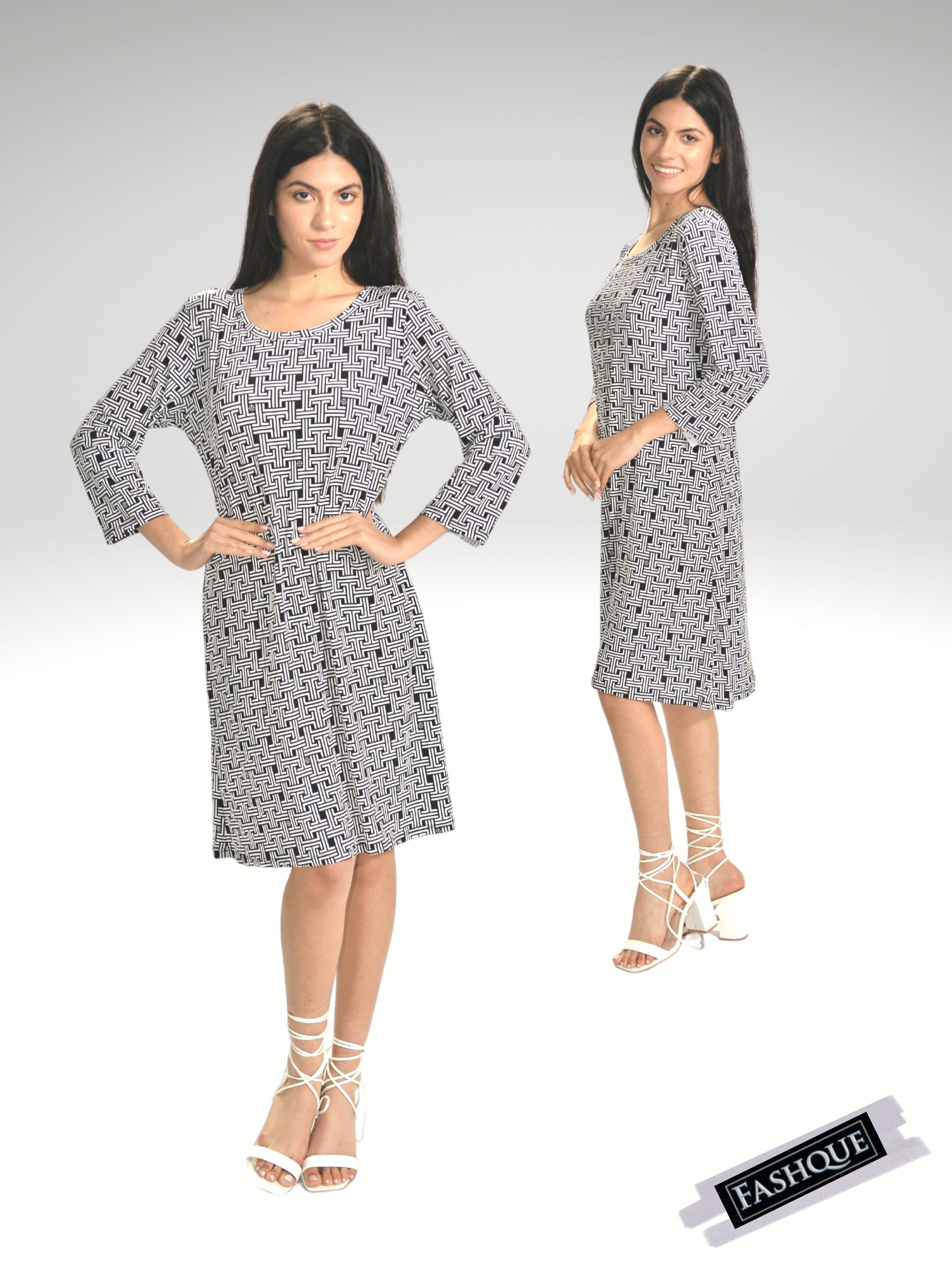 FASHQUE - Beyond Travel 3/4 Sleeves Knee length Midi Dress - D077 SALE