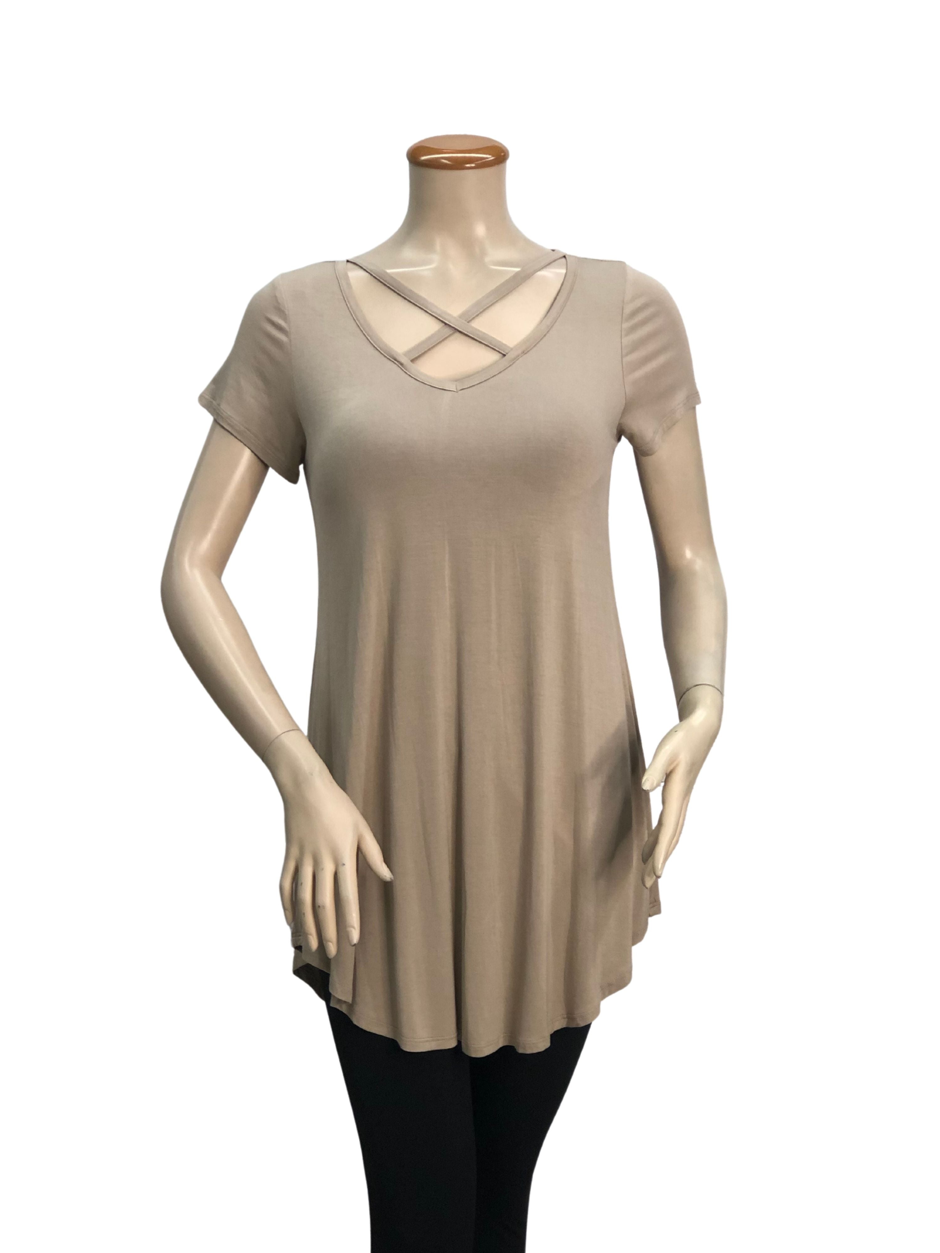 FASHQUE - Criss Cross Front Short Sleeve Tunic Top - S#1604M