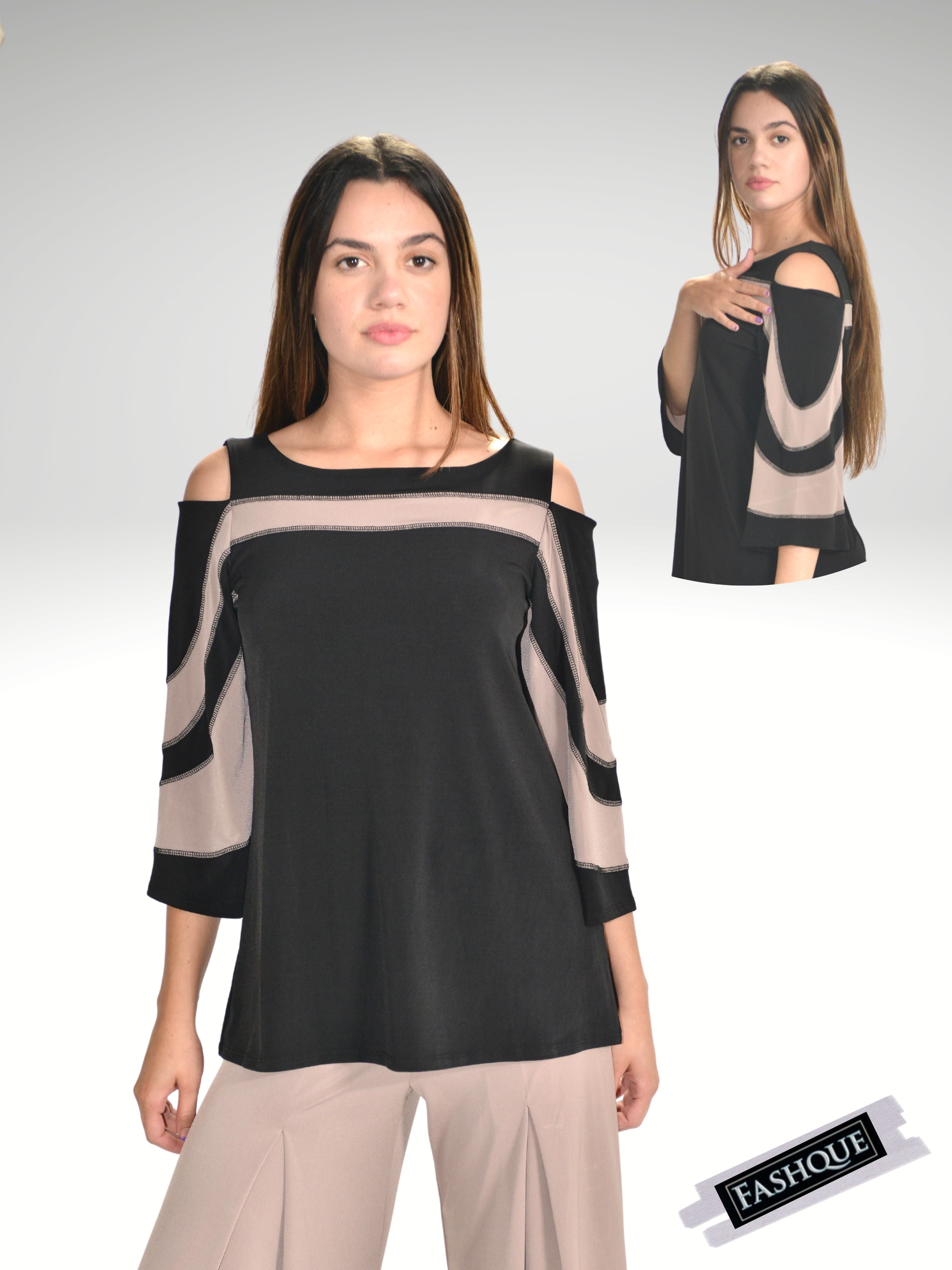 FASHQUE - Cold Shoulder Color Block 3/4 Sleeves Top - T504 SALE