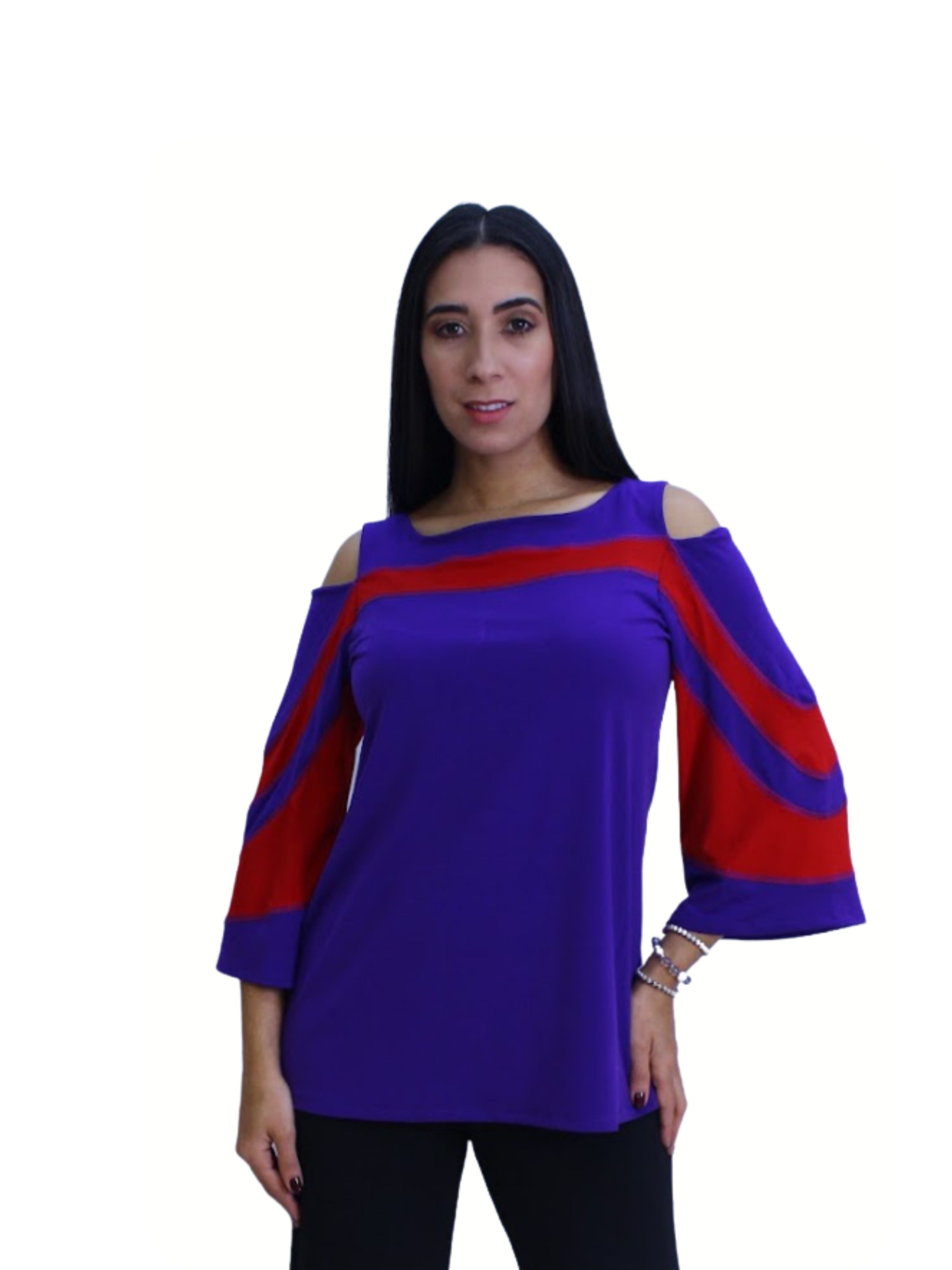 FASHQUE - Cold Shoulder Color Block 3/4 Sleeves Top - T504 SALE