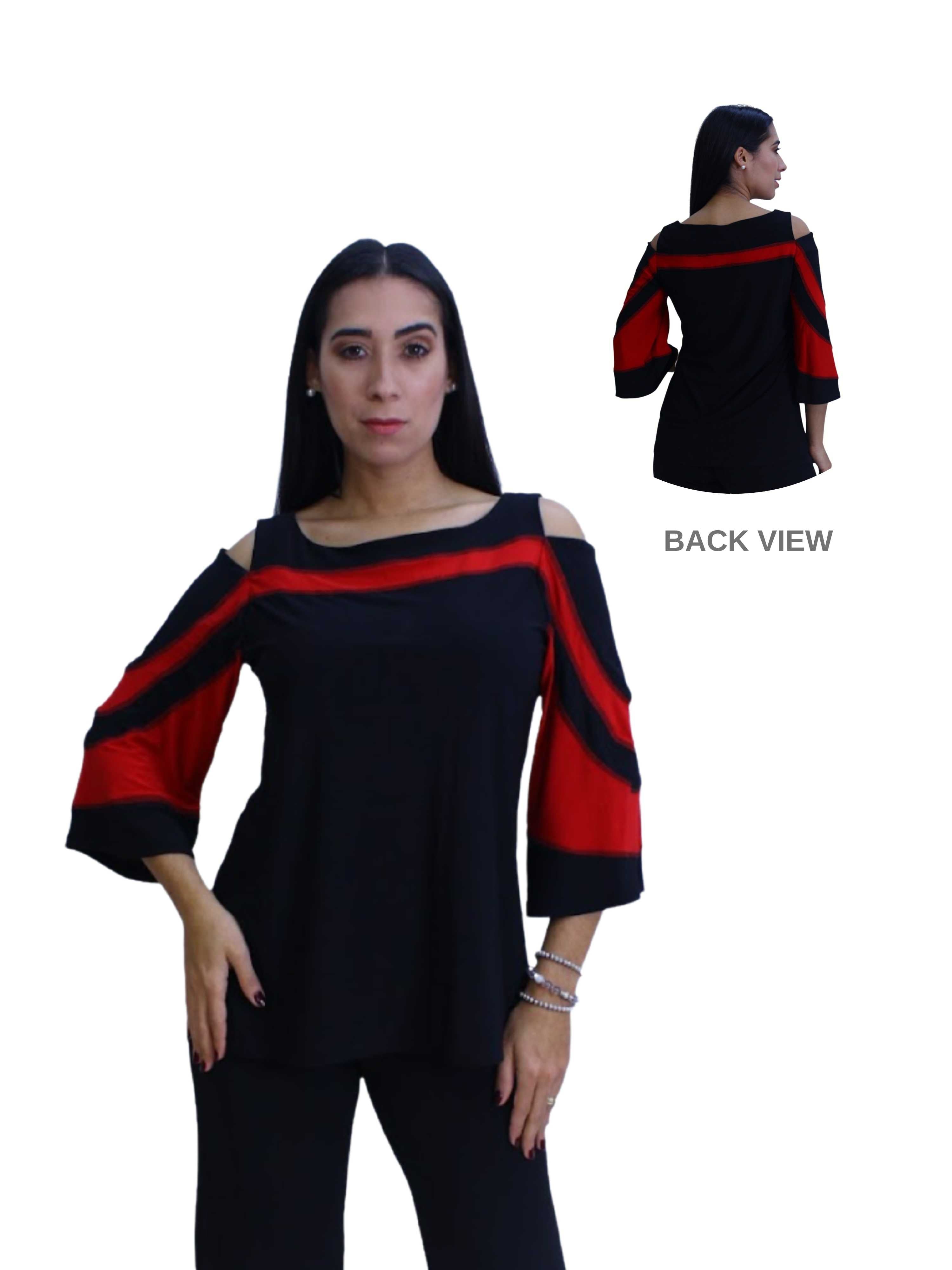 FASHQUE - Cold Shoulder Color Block 3/4 Sleeves Top - T504 SALE