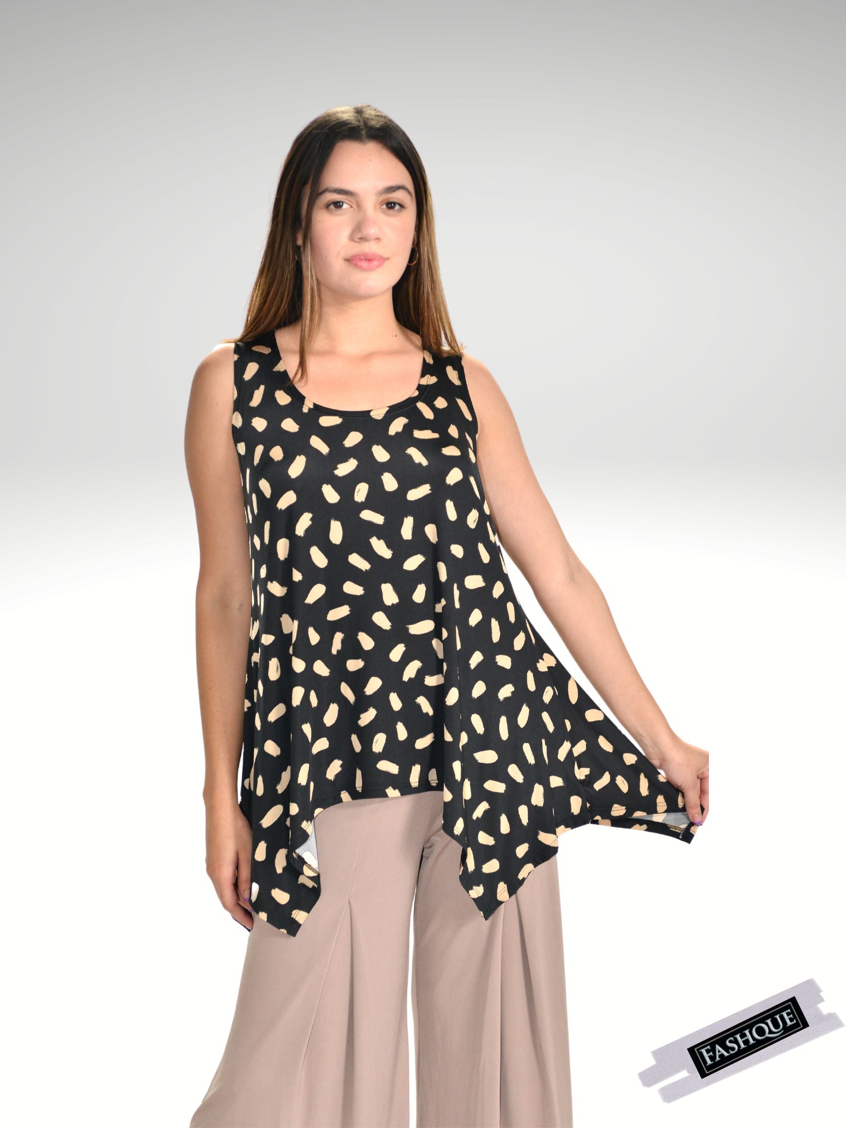 FASHQUE - Sleeveless Sharkbite round neck Tunic Top - T555