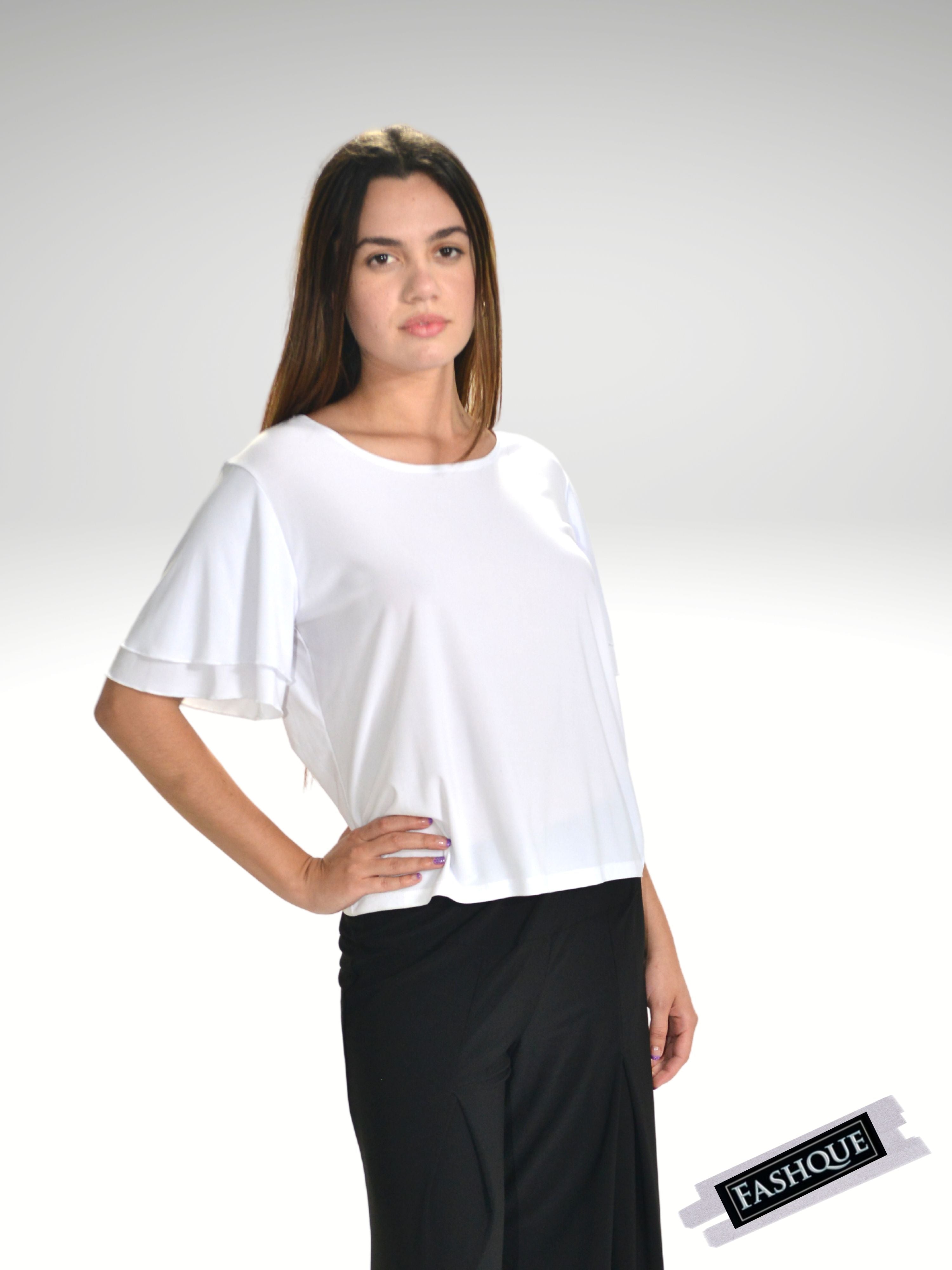 FASHQUE - Double Ruffle Bell Sleeves Scoop Neck Top - T560