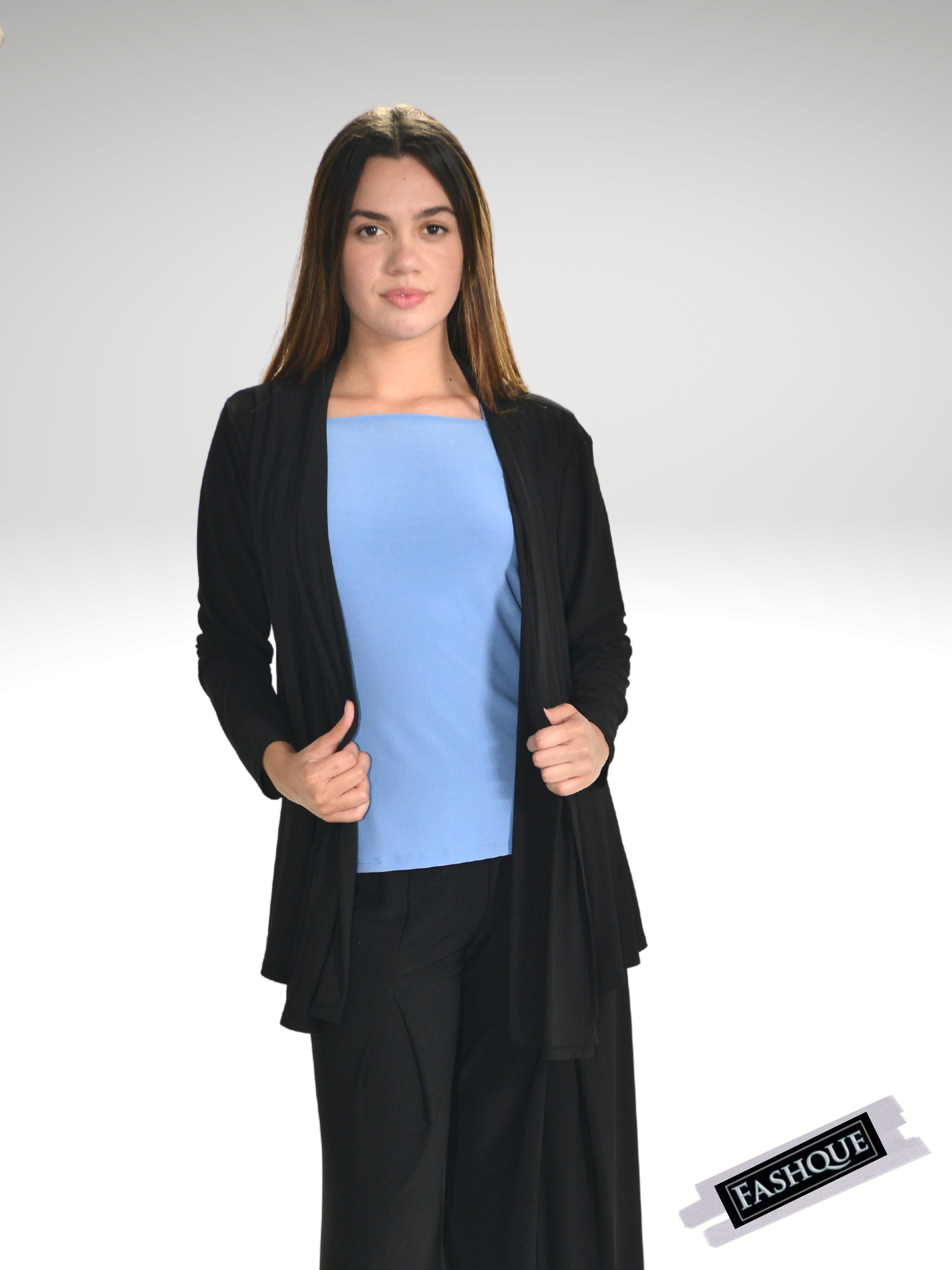 FASHQUE - Solid Open Front Long Full Sleeve Cardigan - T613