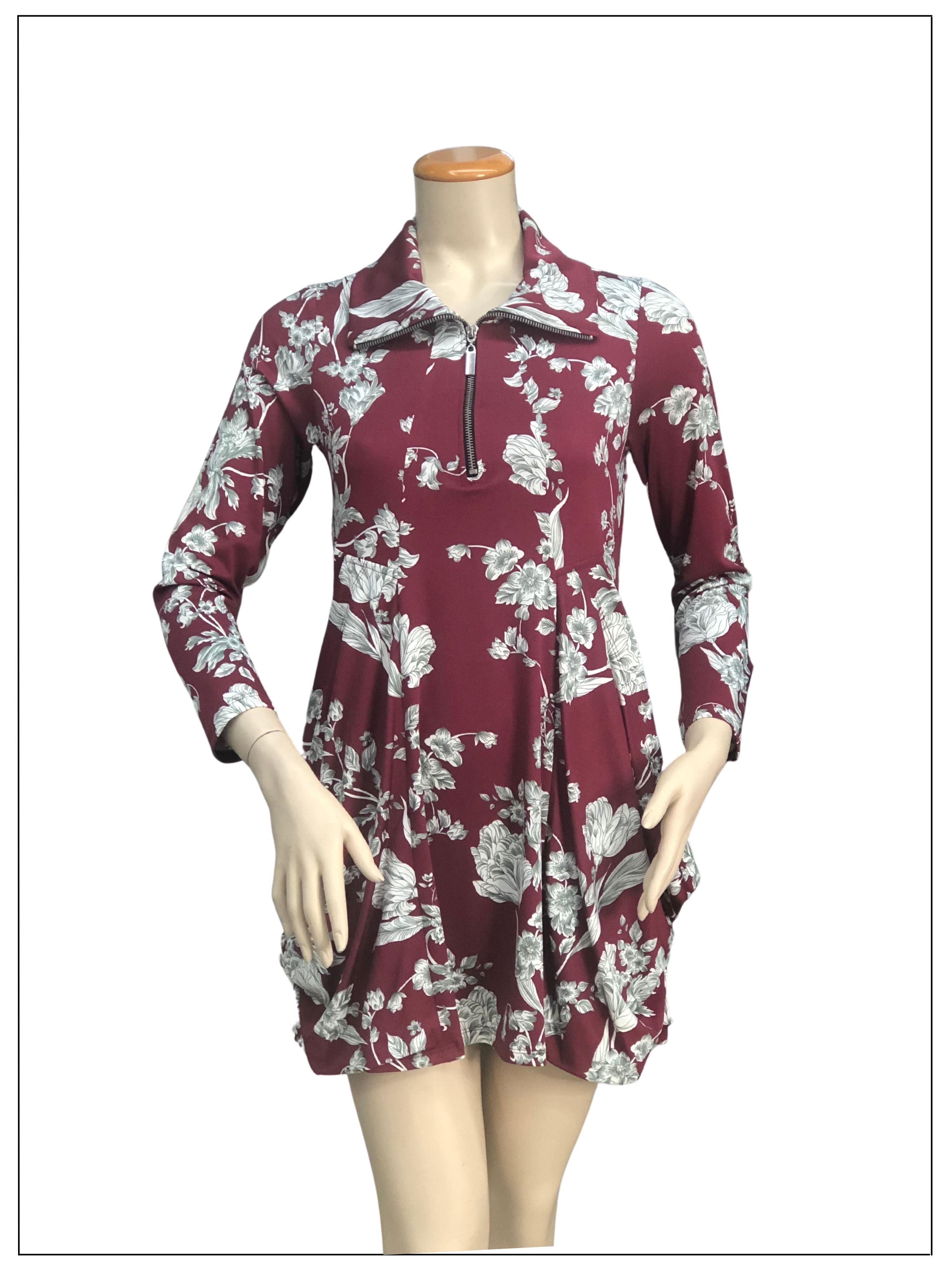 FASHQUE - Tunic Long Sleeves Kangaroo Pocket Zipper Front Tunic in PRINTS - T627 SALE